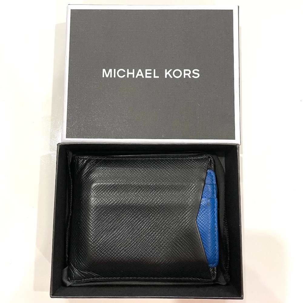 MICHAEL KORS MEN'S BILLFOLD WALLET WITH PASSCASE- BLACK LEATHER